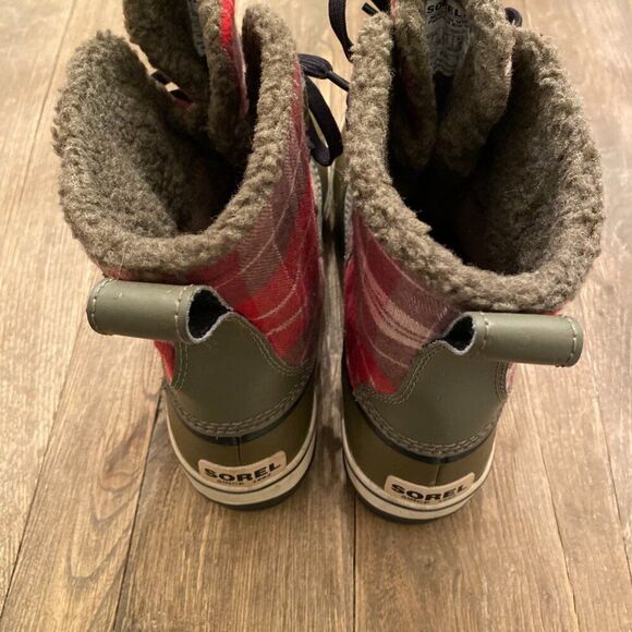 Sorel Tivoli Plaid Rain Ankle Booties Insulated Duck Boots Snow Hiking Olive 7 - Picture 4 of 6
